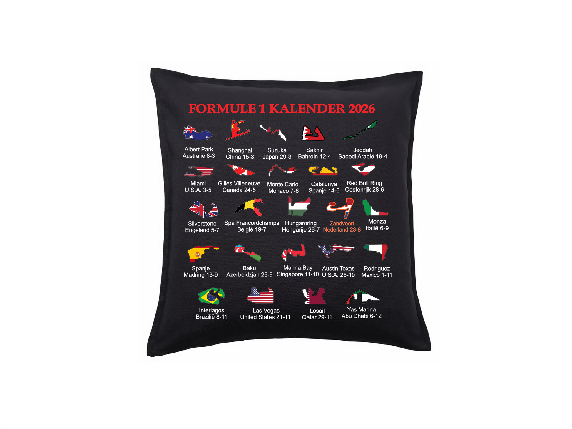 🏎️ Formule 1 Kalender 2026 Kussen – Voor de echte F1-fan! 🏁